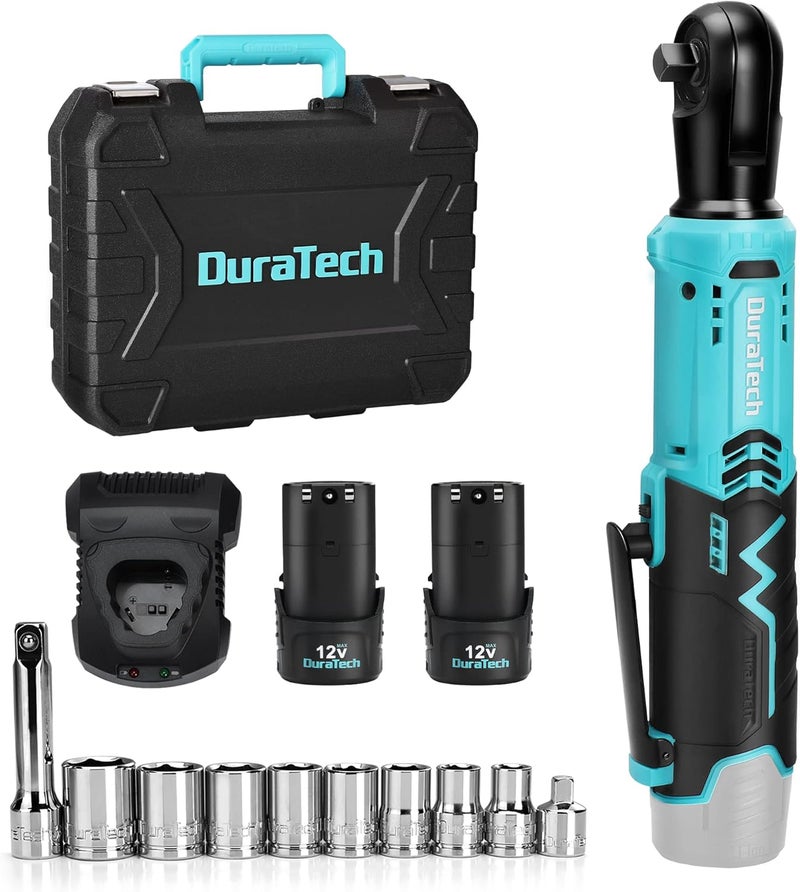 DURATECH Cordless Electric Ratchet Wrench Set, 48 Ft-lbs 3/8" 12V Power Ratchet Wrench with 2PCS 2.0Ah Li-Ion Battery, 1 Hour Fast Charger, 8PCS Sockets, Extension Bar, Adaptor, Variable Speed Trigger - Image 1